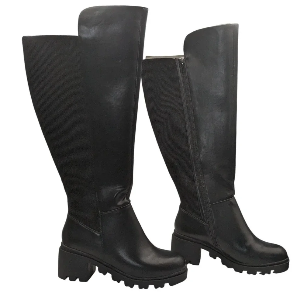 JustFab Ayden‎ Black Faux Leather Lug Sole Tall Knee High Boots Women 9 Side Zip